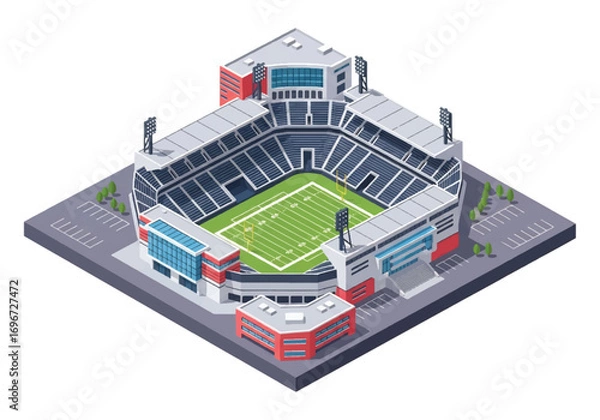 Fototapeta Isometric 3D view of a football stadium complex with field, stands, training facilities, and ticket offices, representing sports, competition, teamwork, and large-scale athletic events