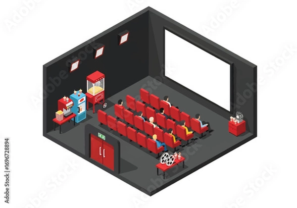 Fototapeta Isometric 3D view of a movie theater interior with big screen, red seats, ticket booth, and concession stand, representing cinema, entertainment, leisure, and audience experience concepts