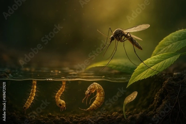 Fototapeta Dramatic mosquito life cycle underwater with larva pupa and adult mosquito above the water line
