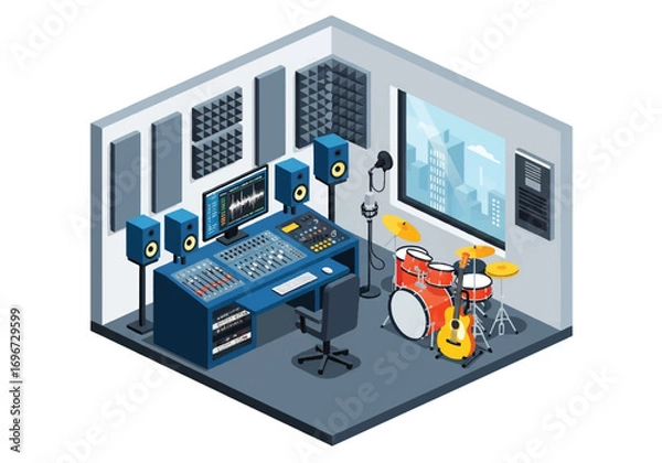 Fototapeta Isometric 3D view of a modern music studio with mixing console, computer, speakers, drum, guitar, keyboard, and soundproofing panels, ideal for music production, recording, and creative projects