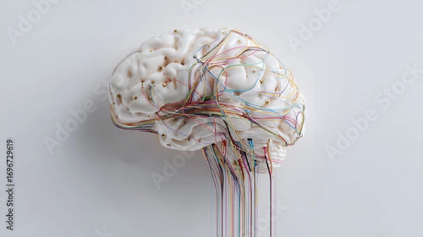 Fototapeta 3D rendering of a human brain with a complex network of wires, symbolizing the intersection of technology, consciousness, and artificial intelligence