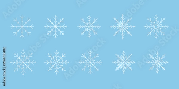 Fototapeta Snowflakes, a set of delicate winter icons, a sign of snow, frost, isolated on a blue background, vector illustration. Decorative frozen festive element for decoration, design, postcard, banner
