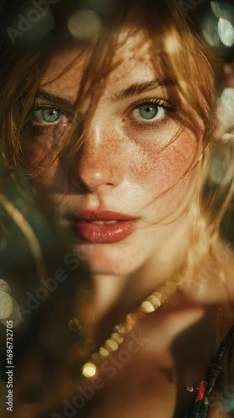 Fototapeta Close-up Portrait of a Beautiful Redhead Woman with Freckles and Blue Eyes, Capturing Natural Light and Evocative Expression, Ideal for Beauty Fashion Lifestyle Concepts