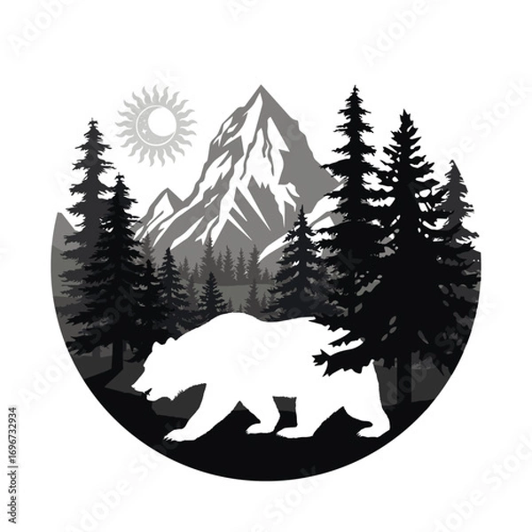Fototapeta Bear and Mountain Silhouette with Trees. Wild bear walking near forest and mountains with sun and pine trees in circular frame representing nature, wilderness adventure and wildlife landscape design