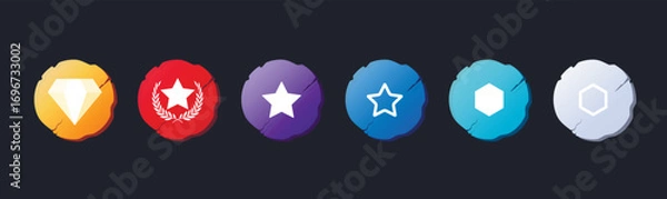 Fototapeta Colorful Gaming Achievement Badges. Set of colorful reward icons in different shapes symbolizing achievements, awards, levels, ranking, gamification and digital user interface elements