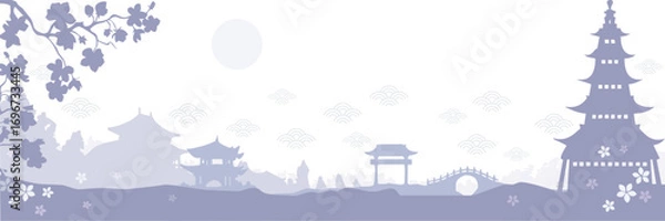 Fototapeta Japanese Pagoda Landscape with Moon. Tranquil Japanese landscape with pagoda, bridge, sakura trees and full moon symbolizing harmony, tradition, meditation, oriental culture and spiritual peace
