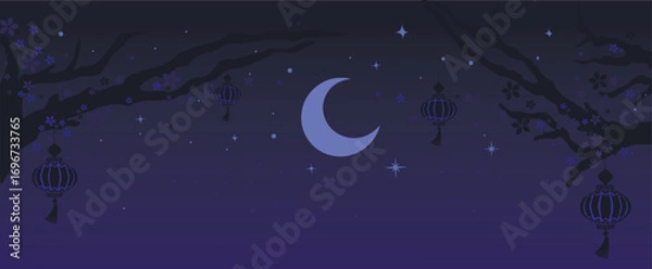 Fototapeta Night Sky Lanterns with Crescent Moon. Beautiful night sky illustration with glowing crescent moon, hanging lanterns and shining stars in minimal oriental decorative style symbolizing calm and peace