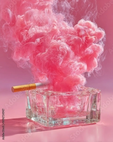 Fototapeta Surreal Pink Smoke Bursting from Ashtray with Cigarette: Artistic Concept for Addiction Campaigns, Vaping Risks, Air Pollution Awareness, and Bold Modern Lifestyle Visuals