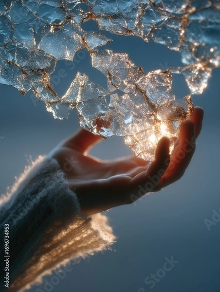 Fototapeta Close-up of a Female Hand Gently Holding Translucent Shards of Textured Ice, Illuminated by Golden Light, Symbolizing Fragility, Purity, Winter, or Delicate Connection