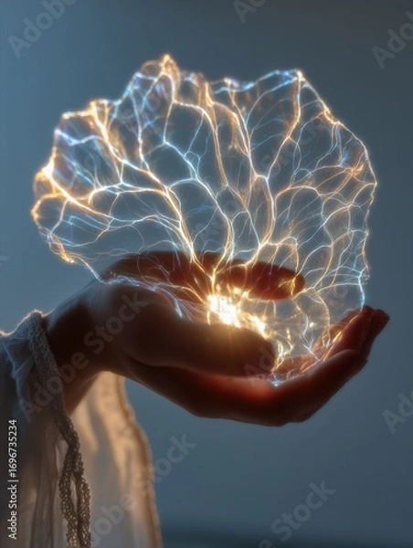 Fototapeta Close-up of a Female Hand Gently Holding a Translucent Network of Glowing Fibers, Emitting Light and Energy, Representing Connection, Innovation, or Abstract Consciousness