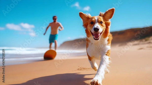 Fototapeta A playful dog chases after a surfer enjoying the waves at a beautiful beach