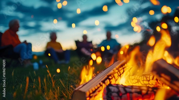 Fototapeta People relax around a fire, sharing stories and enjoying each other's company as dusk falls