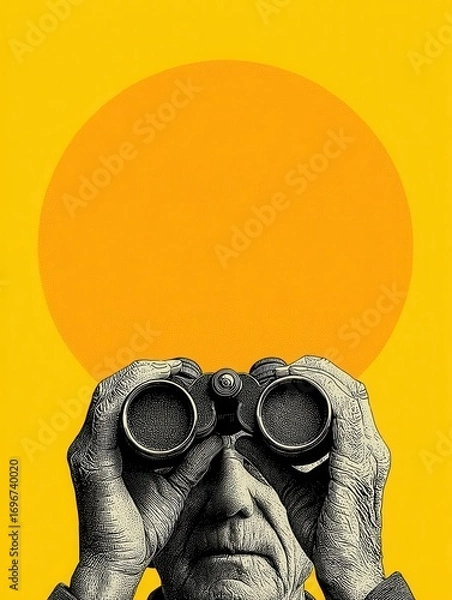 Fototapeta Engraved Style Portrait of Senior Man Using Binoculars Against a Bold Orange Sun and Yellow Background, Focus Vision Concept