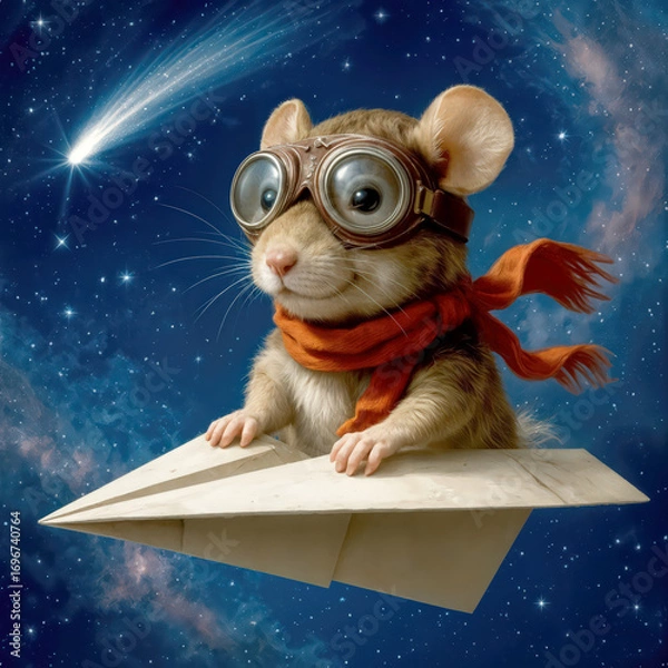 Fototapeta A charming mouse wearing goggles and a red scarf rides a paper airplane through a starry night sky as a bright comet illuminates the scene, adding to the whimsical atmosphere