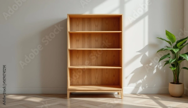 Fototapeta Wooden bookshelf with four shelves stands empty in bright room with sunlight, modern furniture and household items decor