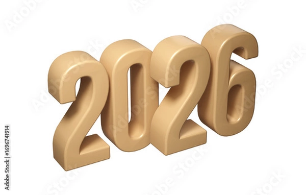 Fototapeta Golden Happy New Year 2026. 3d Christmas number design for poster, greeting banner, transparent background celebration