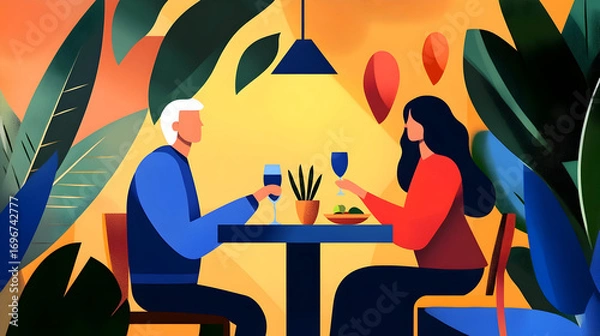 Fototapeta Two people are seated at a table enjoying drinks and dinner in a colorful tropical atmosphere