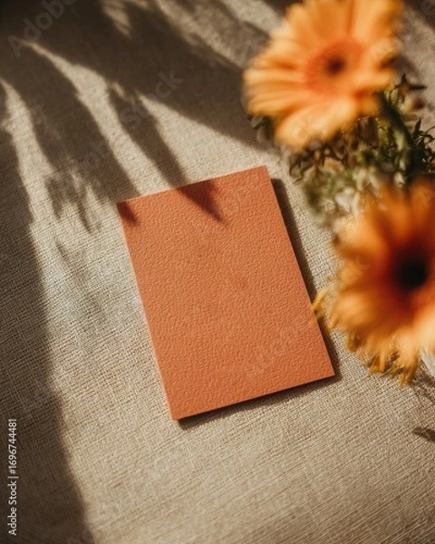 Fototapeta Blank orange textured card mockup with blurred gerbera flowers on a sunlit beige textile background. Creative flat lay with deep shadows for branding and creative projects