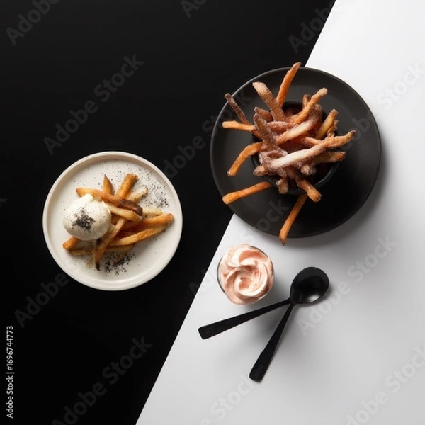 Fototapeta Modern Food Photography of Crispy Hand-Cut Fries with a Scoop of White Ice Cream and Dark Sprinkles on a Cream Plate, Paired with a Black Bowl of Fries and a Pink Whipped Dessert