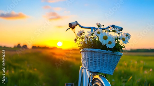 Fototapeta A bike adorned with flowers sits on a path as the sun sets behind a peaceful landscape