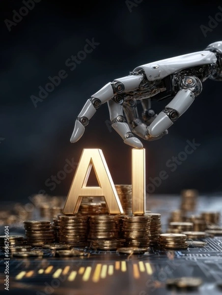 Fototapeta A robotic hand is poised to grasp golden letters representing artificial intelligence. Surrounding the letters are stacks of coins, suggesting a theme of technology and wealth