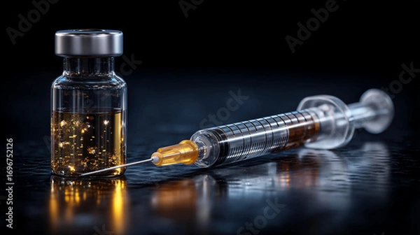 Fototapeta A vial filled with golden liquid and a syringe lying on a dark reflective surface in a studio shot