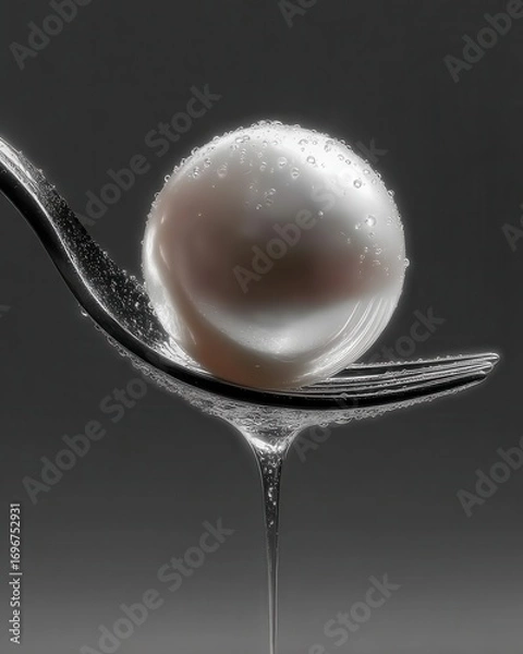 Fototapeta Pristine White Pearl with Dewdrops on Elegant Silver Fork – Symbolizing Purity, Luxury Cuisine, and Refreshing Beauty Concepts
