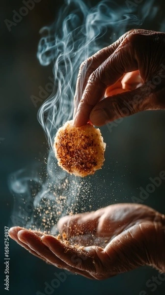 Fototapeta Cinematic Macro Studio Shot of Tense, Aged Hands Gently Holding a Warm, Steaming, Toasted Coconut Patty with Fine Grains of Sugar Falling, Evoking a Sense of Comfort, Baking