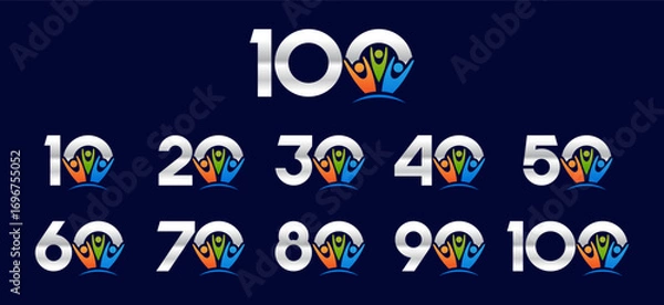 Fototapeta Set of collection numbers 1 to 10 with people element vector illustration. Teamwork element with numbers 10, 20, 30, 40, 50, 60, 70, 80, 90, 100 for greetings, anniversary and more.	