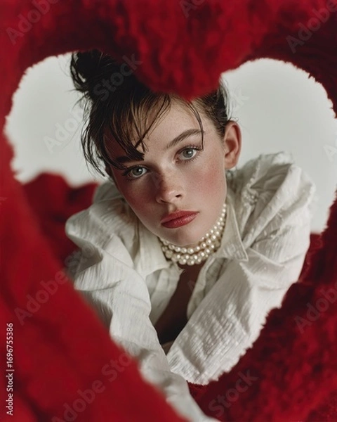 Fototapeta Expressive Woman with Pearls and Natural Makeup Peering Through a Red Heart Frame, Evoking Love, Beauty, and Intimacy for Valentine's Day Concepts