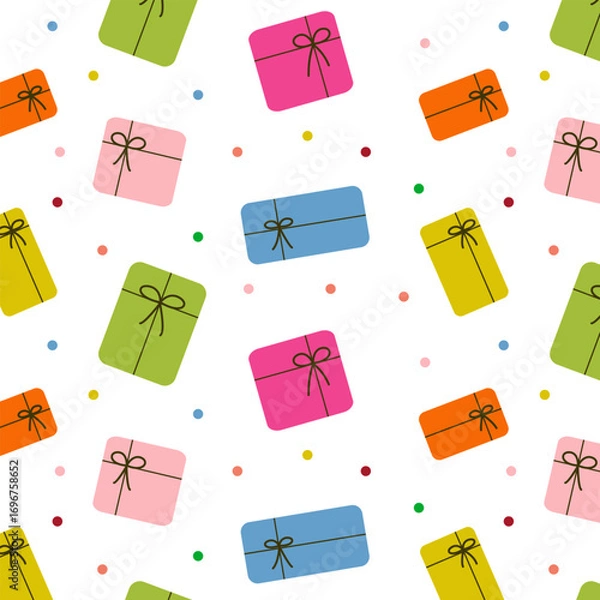 Fototapeta Seamless pattern with colorful gift boxes isolated on white background.Repeat pattern of gift with ribbon for birthday, new year, Christmas, valentine or any occasions.Present vector illustration.