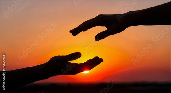 Obraz Silhouette of two hands reaching towards each other against a vibrant sunset sky with warm colors radiating