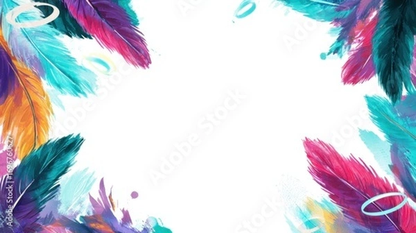 Fototapeta A vibrant, colorful feather border design with shades of pink, blue, and purple, set against a white background, perfect for creative projects.