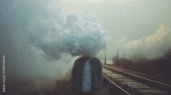 Fototapeta A person stands on railway tracks, their head replaced by a large cloud, evoking themes of isolation and creativity amidst a foggy landscape.