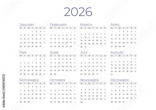 Obraz Calendar For 2026 Year Starts On Sunday