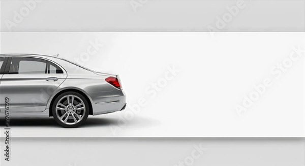 Fototapeta A silver sedan car parked in front of a white wall with a blurred background showcasing its sleek design
