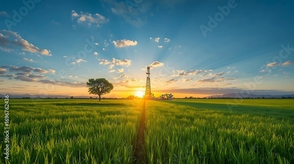 Obraz Oil and gas a land rig, onshore drilling rig, in the middle of a rice field aerial view from a drone, An oil rig in the middle of a green field during, created with generative ai