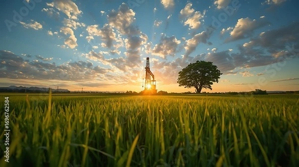 Obraz Oil and gas a land rig, onshore drilling rig, in the middle of a rice field aerial view from a drone, An oil rig in the middle of a green field during, created with generative ai