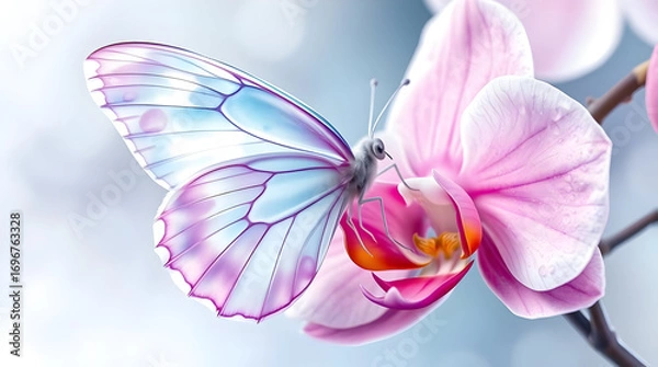 Obraz Hyperrealistic Butterfly on Orchid in Soft Watercolor Style - Dreamy Pastel Blue, Purple and Pink Macro with Water Droplets