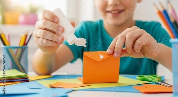Obraz Child Crafting with Glue and Paper.