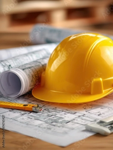 Fototapeta Yellow hard hat rests on top of detailed blueprints with other tools and rolled documents scattered around, indicating ongoing construction planning