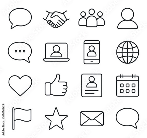 Obraz Set of 16 minimalist communication and social media icons on grey background