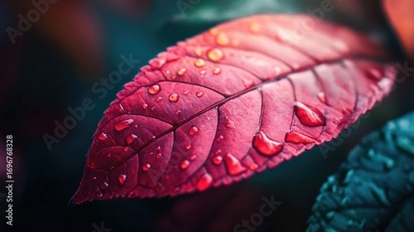 Fototapeta Macro abstract red striped foliage texture, close-up detail of leaf with natural pattern, deep autumn colors background from nature