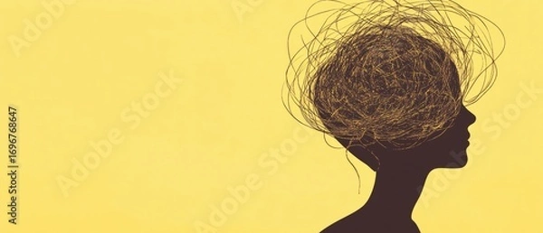 Fototapeta Mental health and brain disorder concept, World Mental Health Day, Alzheimer and psychology themes, tangle of thoughts with a clear line on brown speech bubble, yellow background, mental wellness