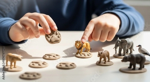 Obraz Child playing an educational game matching animal figurines to their footprints in clay.