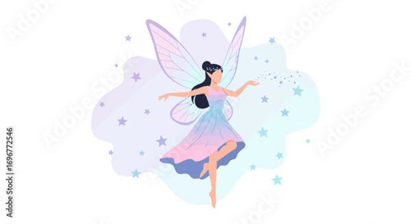 Fototapeta Illustrative Depiction Of A Winged Fairy Performing Magic In A Whimsical Celestial Setting