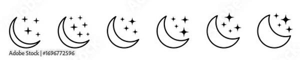Fototapeta Set of outlined crescent moon icon Collection with sparkle stars moon icons. Half moon with stars. Night or dark mode symbol.