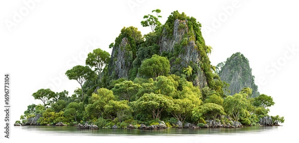 Fototapeta Lush green island with rocky cliffs and trees, isolated on transparent cutout background
