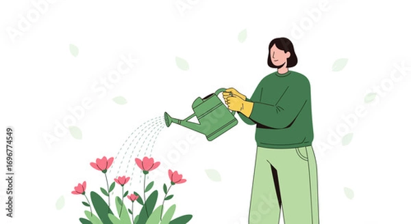 Fototapeta Gardening Practices: A Person Watering Flowers with a Green Watering Can, A Digital Illustration