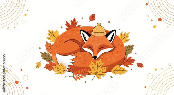 Fototapeta Gentle Fox In Autumnal Dream Wrapped With Fall Leaves And Wearing A Beanie